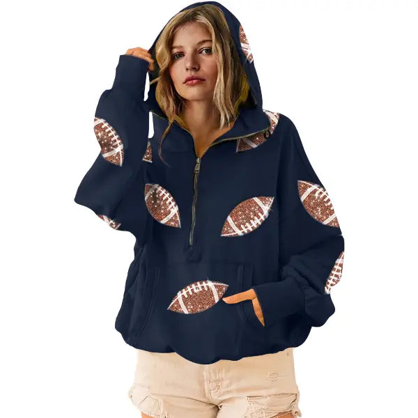 Ommig Women's Oversized Game Day Hoodie Casual Long‑Sleeve Half‑Zip Pullover with Sequin Football Print Kangaroo Pocket