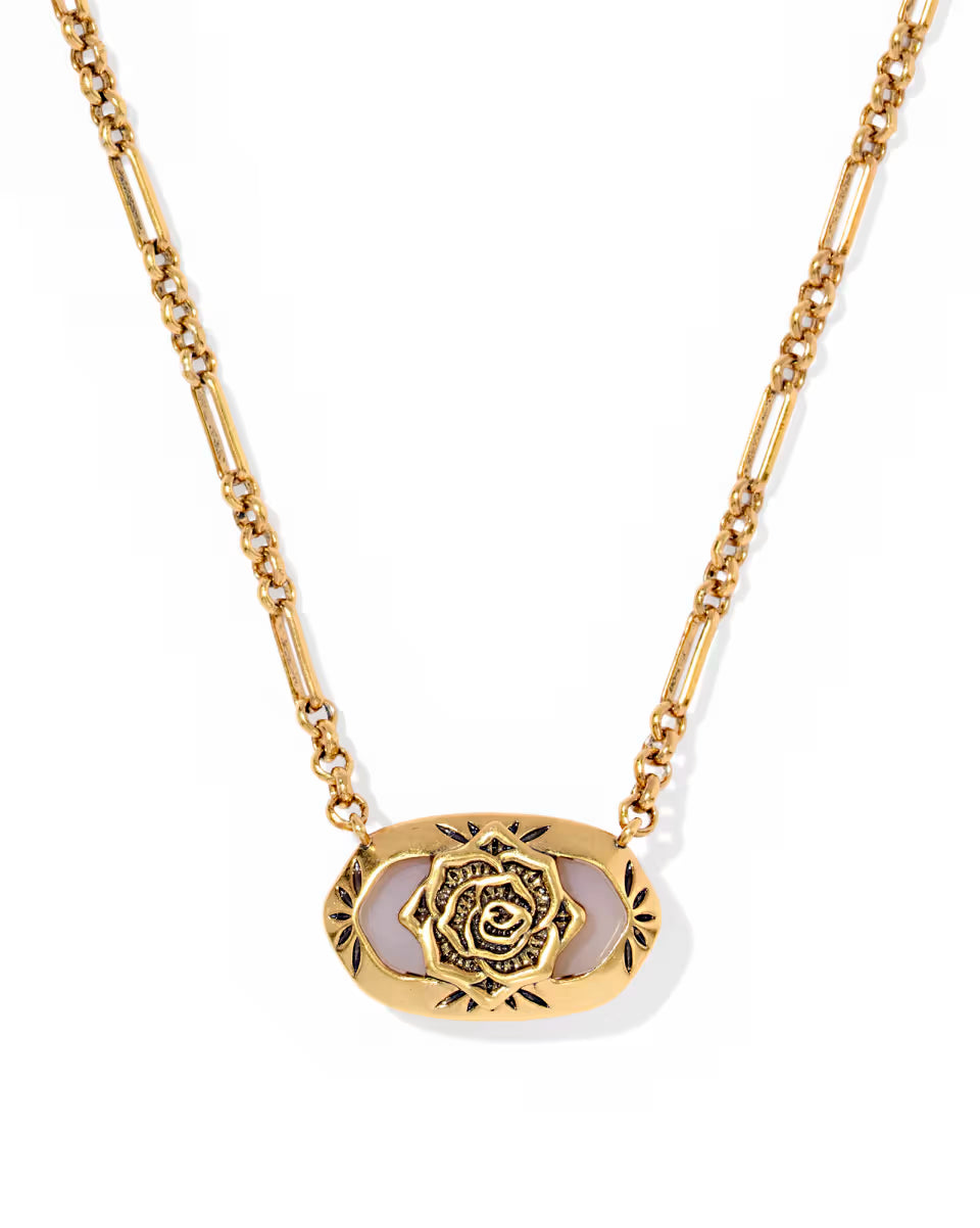 Elisa Vintage Gold Etch Frame Short Pendant Necklace in Variegated Turquoise Magnesite
