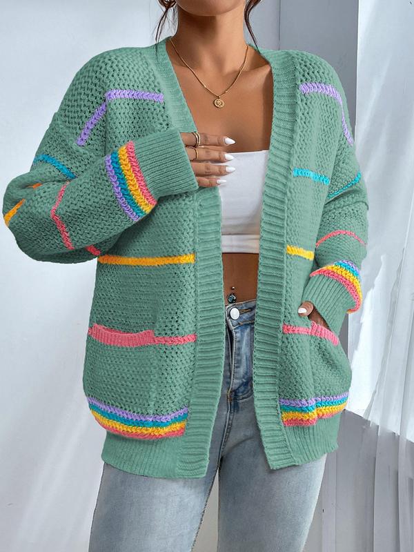 Women's Striped Open-Front Loose Colorblock Knit Cardigan, Casual Drop-Shoulder Long-Sleeve Pocket Knitwear Fit for Fall and Winter Daily Wear