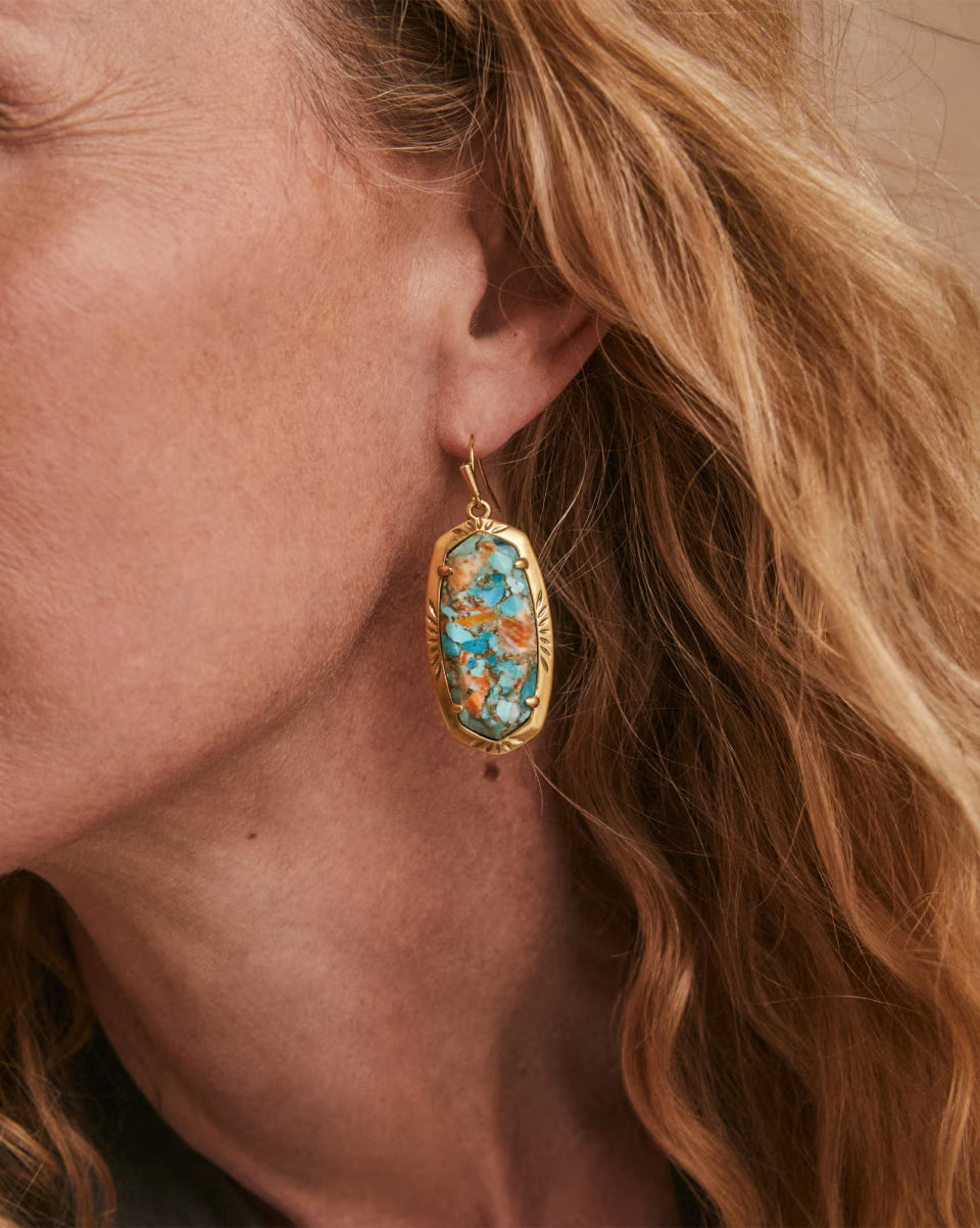 Elle Vintage Gold Etch Frame Drop Earrings in Bronze Veined Turquoise Magnesite Red Oyster