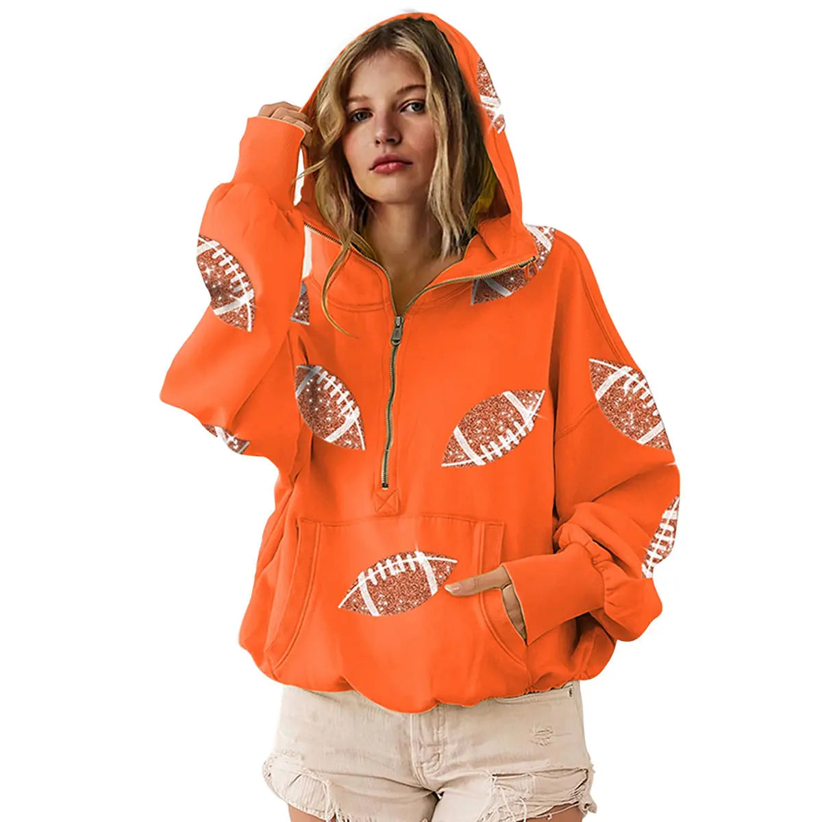 Ommig Women's Oversized Game Day Hoodie Casual Long‑Sleeve Half‑Zip Pullover with Sequin Football Print Kangaroo Pocket