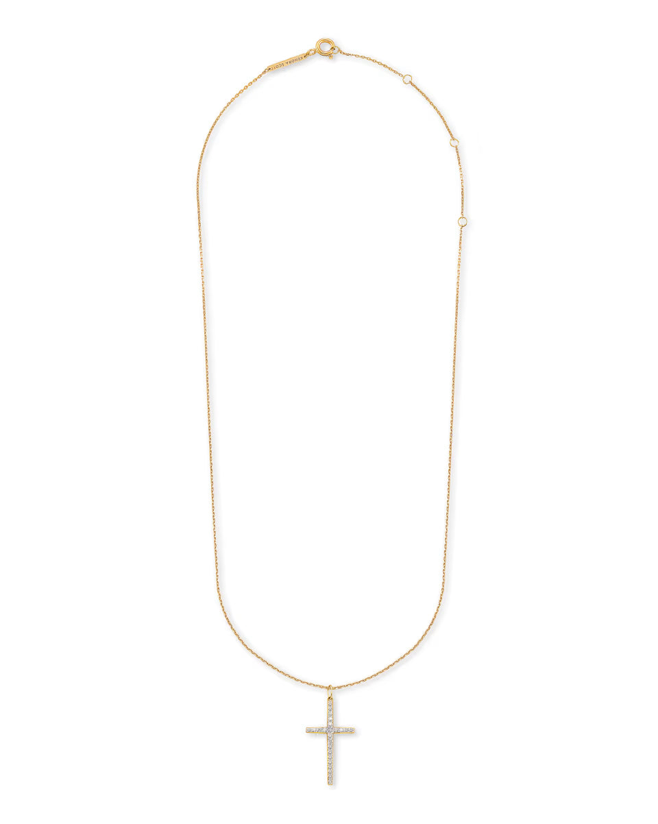 Large Cross 14k White Gold Pendant Necklace in White Diamond