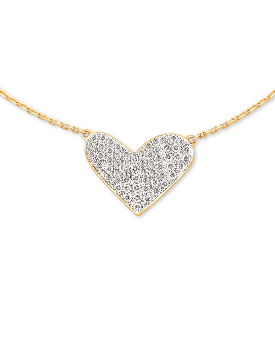 Large Heart 14k Yellow Gold Pendant Necklace in White Diamond