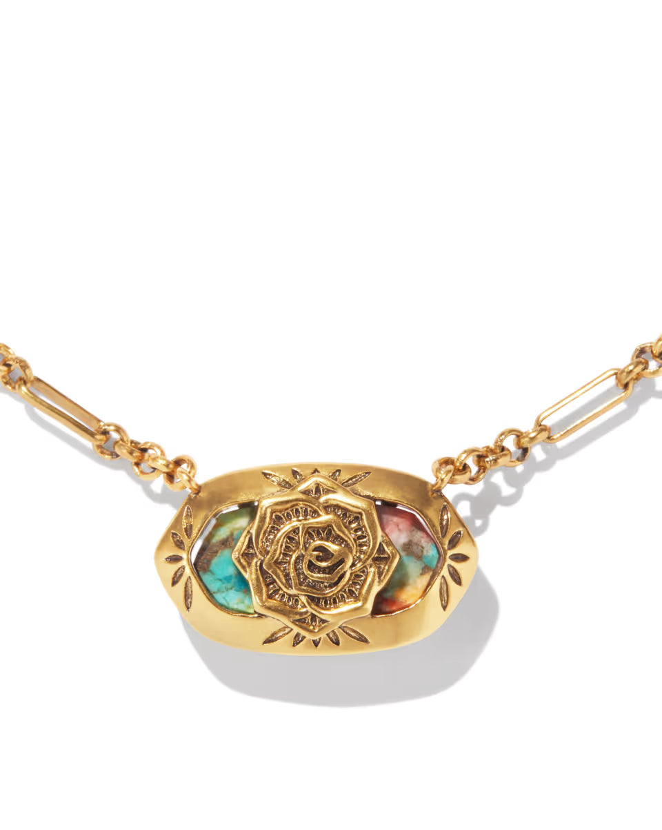 Elisa Vintage Gold Etch Frame Short Pendant Necklace in Variegated Turquoise Magnesite