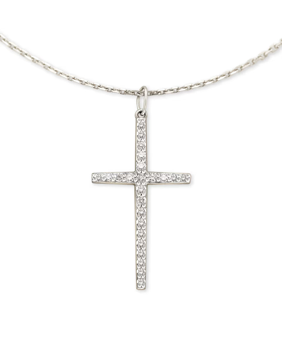 Large Cross 14k White Gold Pendant Necklace in White Diamond