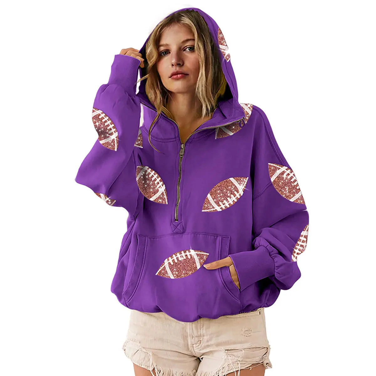 Ommig Women's Oversized Game Day Hoodie Casual Long‑Sleeve Half‑Zip Pullover with Sequin Football Print Kangaroo Pocket
