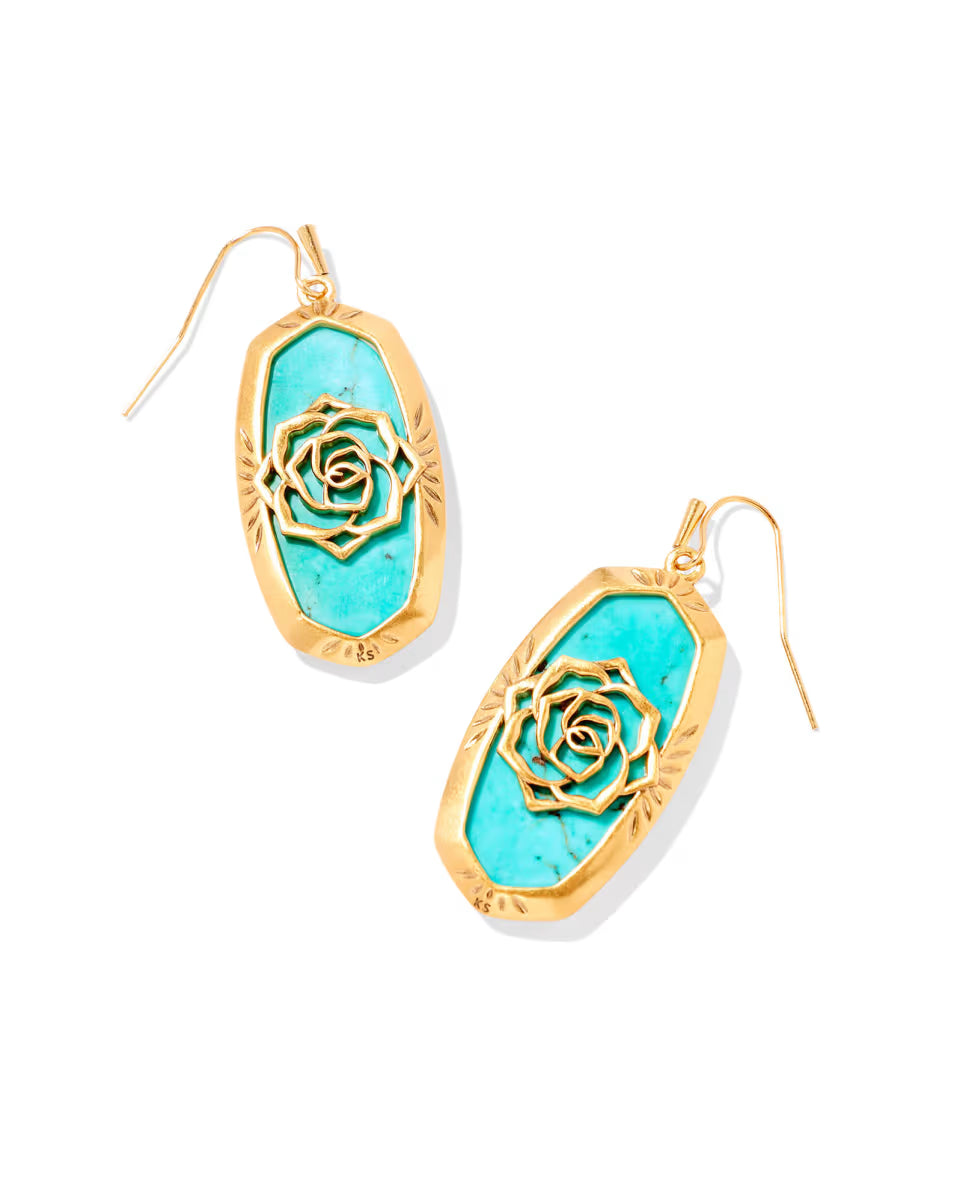Elle Vintage Gold Etch Frame Drop Earrings in Bronze Veined Turquoise Magnesite Red Oyster