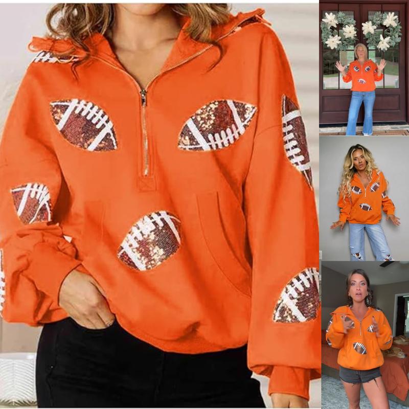 Ommig Women's Oversized Game Day Hoodie Casual Long‑Sleeve Half‑Zip Pullover with Sequin Football Print Kangaroo Pocket