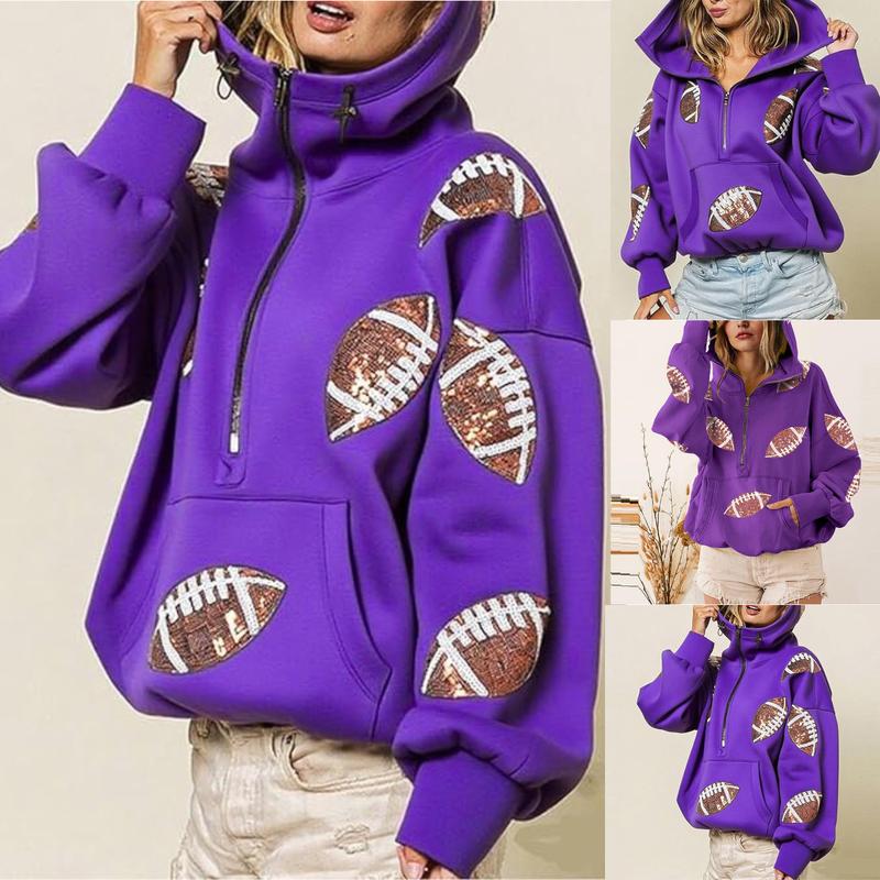 Ommig Women's Oversized Game Day Hoodie Casual Long‑Sleeve Half‑Zip Pullover with Sequin Football Print Kangaroo Pocket
