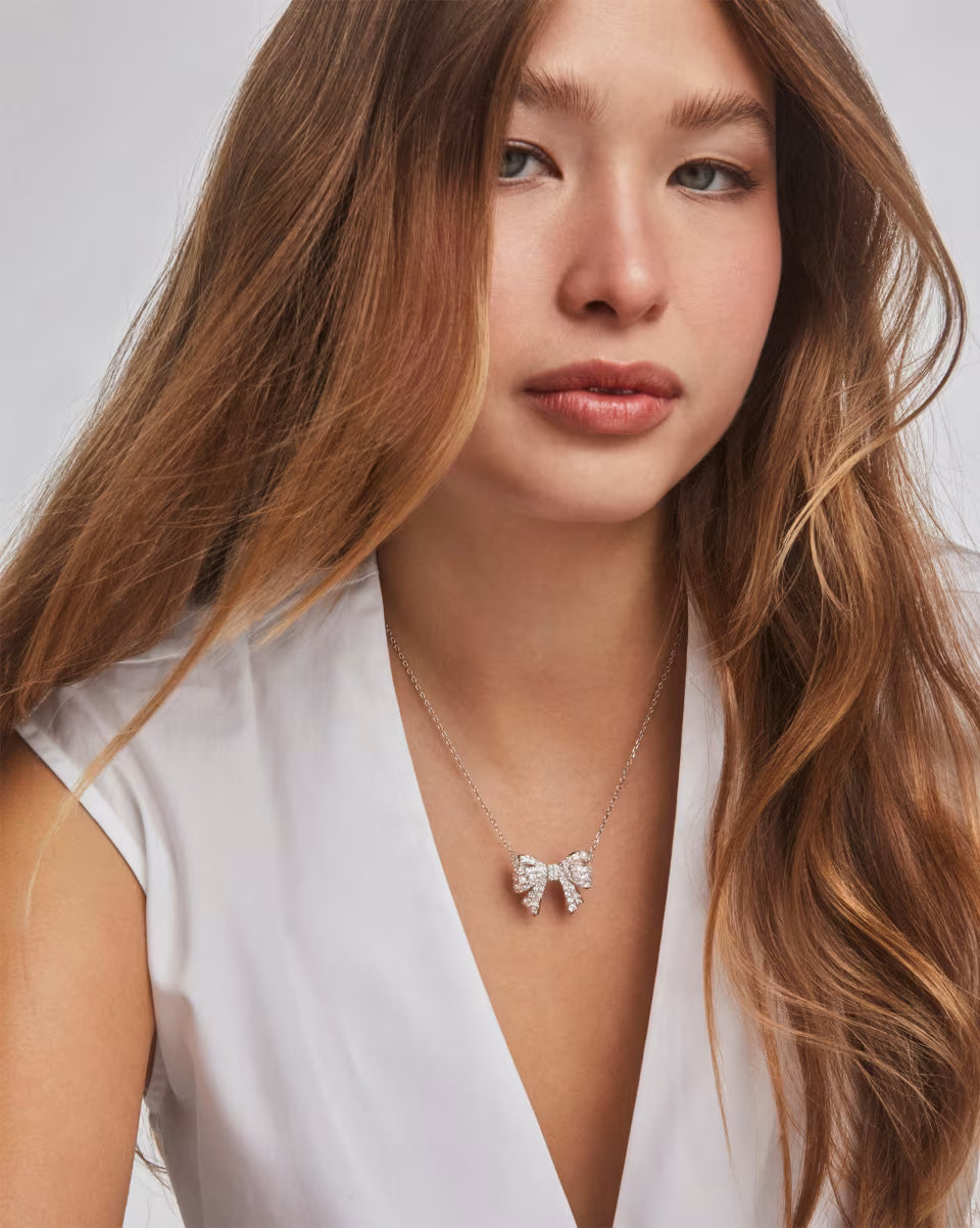 Krista Silver Bow Short Pendant Necklace in White Mix