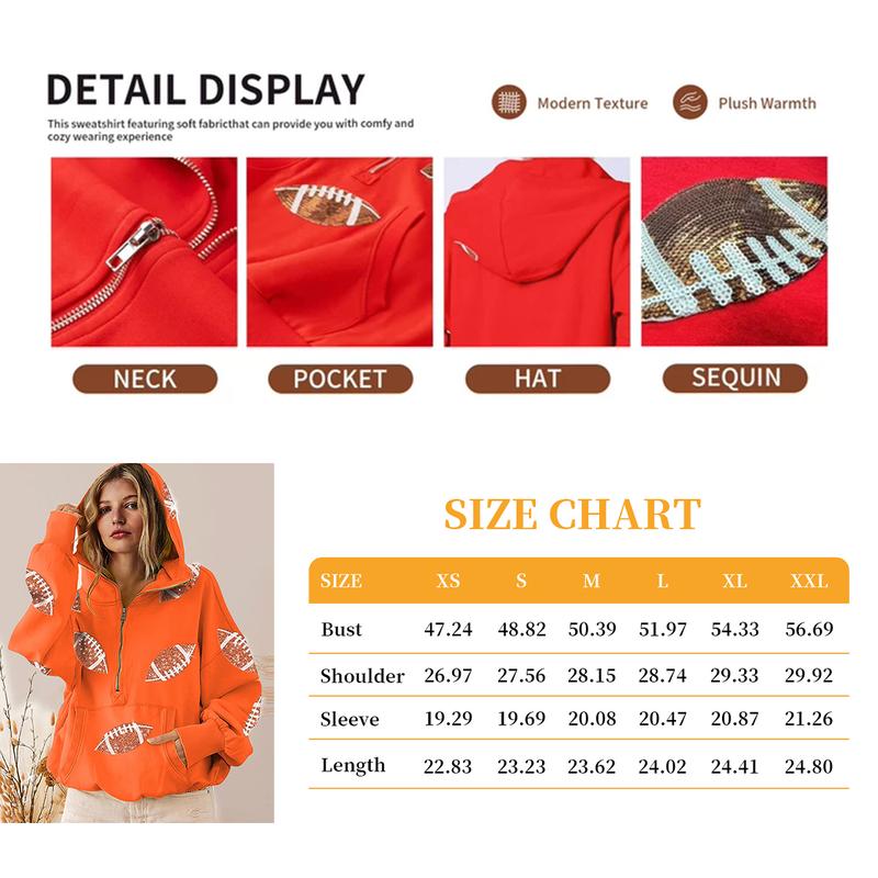 Ommig Women's Oversized Game Day Hoodie Casual Long‑Sleeve Half‑Zip Pullover with Sequin Football Print Kangaroo Pocket