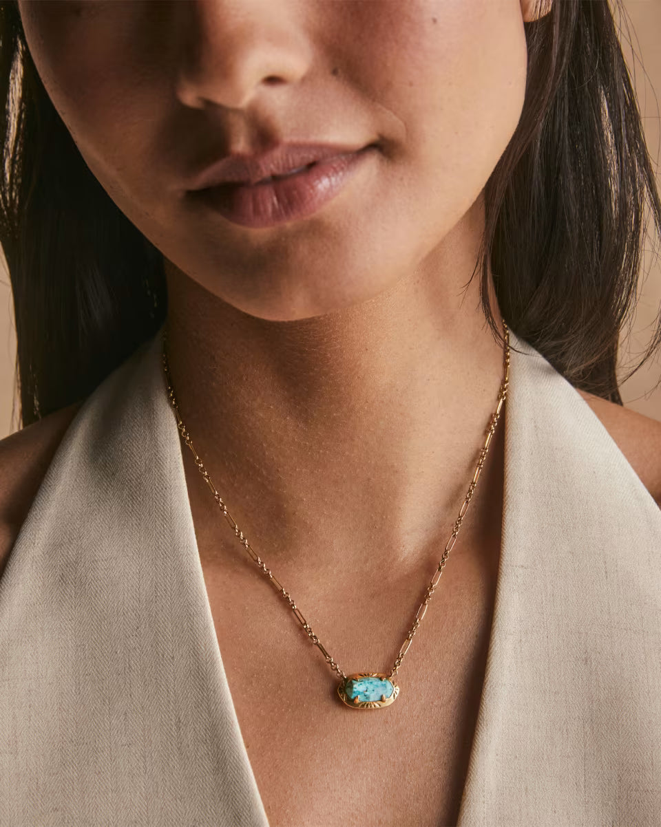 Elisa Vintage Gold Etch Frame Short Pendant Necklace in Variegated Turquoise Magnesite
