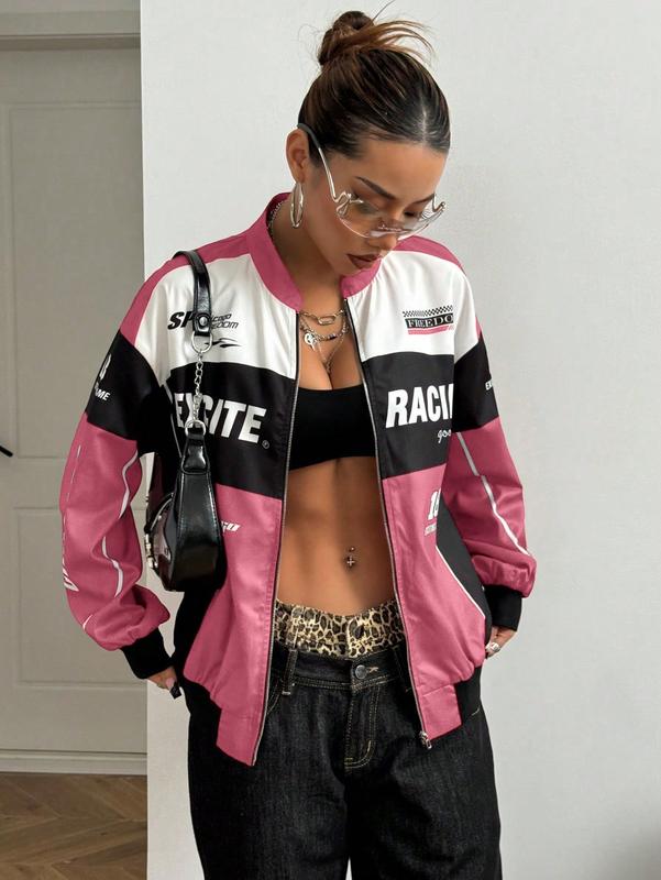 Spring Bomber Jacket Long Sleeve Zip Up Racing Jackets Color Block Y2k Outerwear Vintage Streetwear
