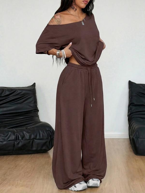 2pcs/Set Women's Clothes Minimalist Basic Casual Daily Wear Everyday Going Out Sport Comfortable Loose Baggy Off Shoulder T-Shirt And Wide Leg Pants Two Pieces Outfits