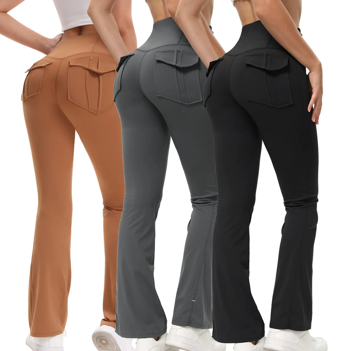 3PCS Women’s Flared Leggings with Pockets – Butt-Lifting Yoga & Workout Pants, Stretchy Activewear, Grey Streetwear Fitness Pants
