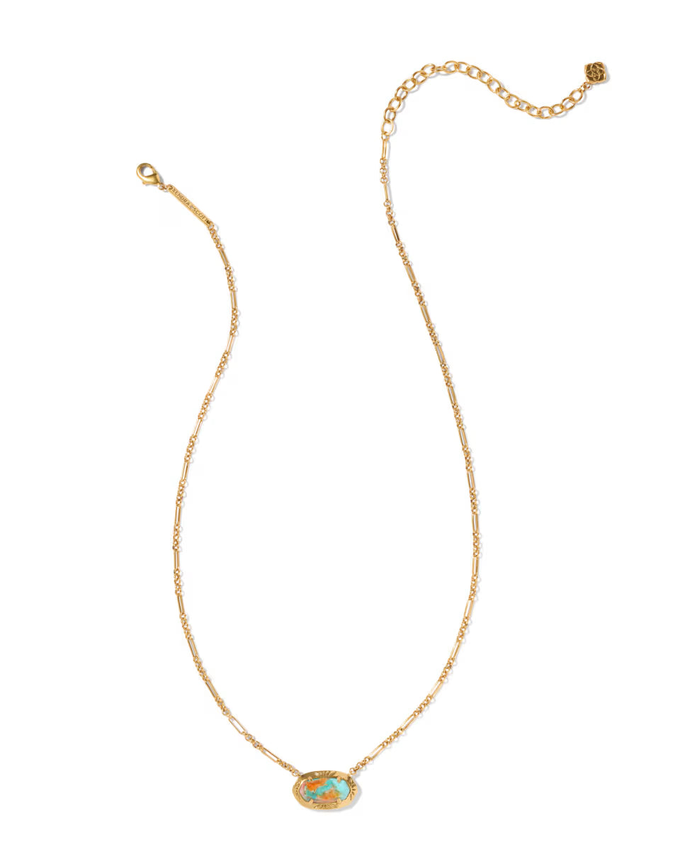 Elisa Vintage Gold Etch Frame Short Pendant Necklace in Variegated Turquoise Magnesite