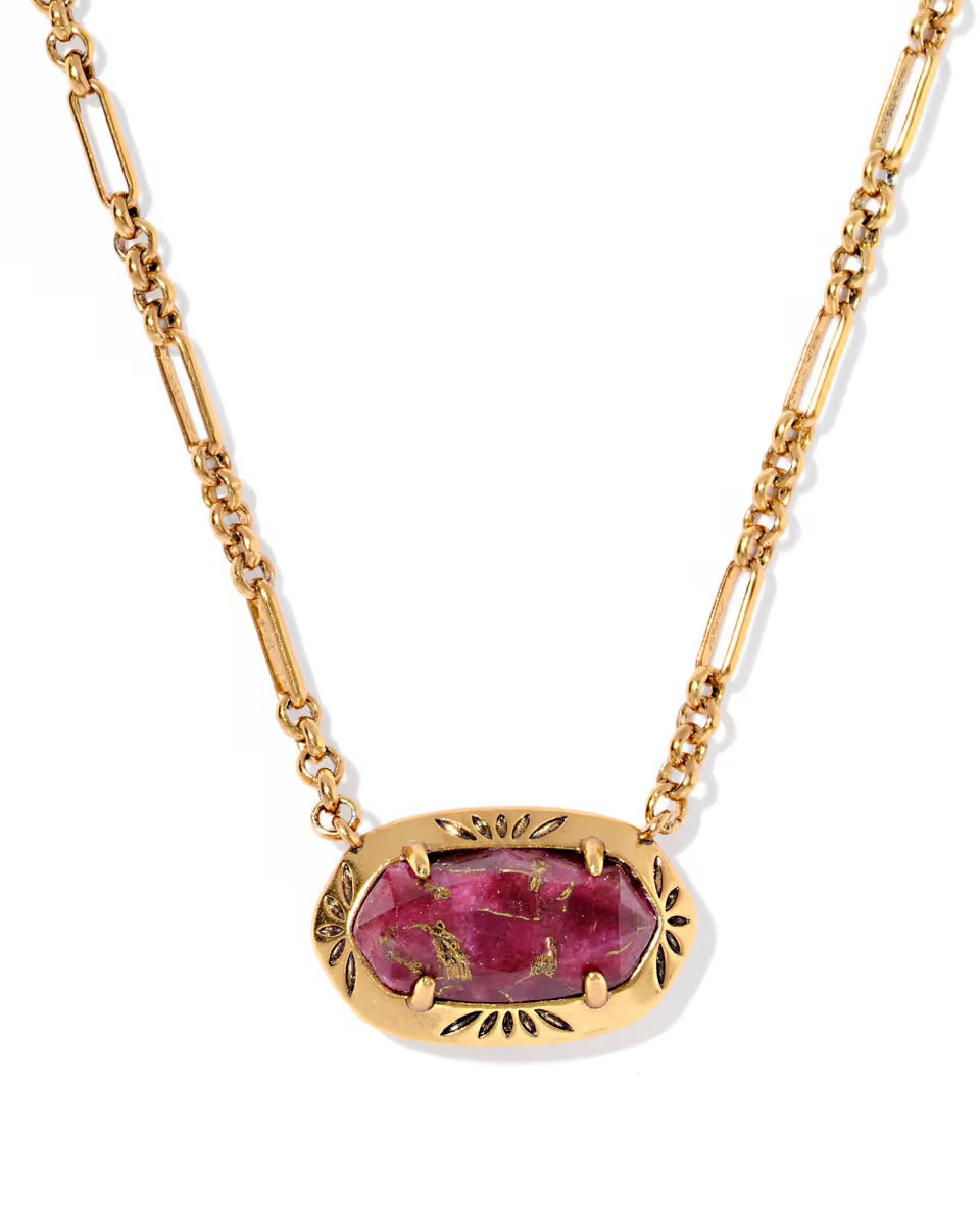 Elisa Vintage Gold Etch Frame Short Pendant Necklace in Variegated Turquoise Magnesite