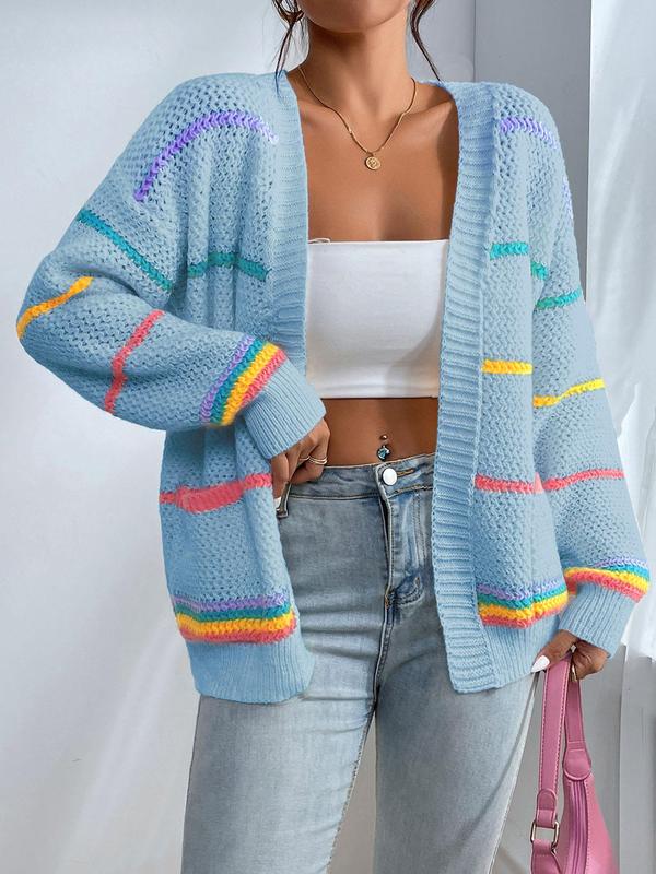 Women's Striped Open-Front Loose Colorblock Knit Cardigan, Casual Drop-Shoulder Long-Sleeve Pocket Knitwear Fit for Fall and Winter Daily Wear