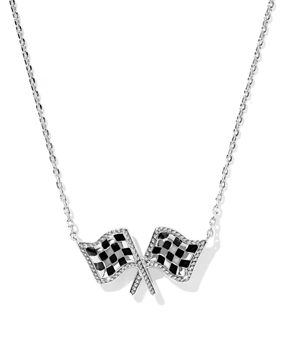 Checkered Flag Silver Short Pendant Necklace