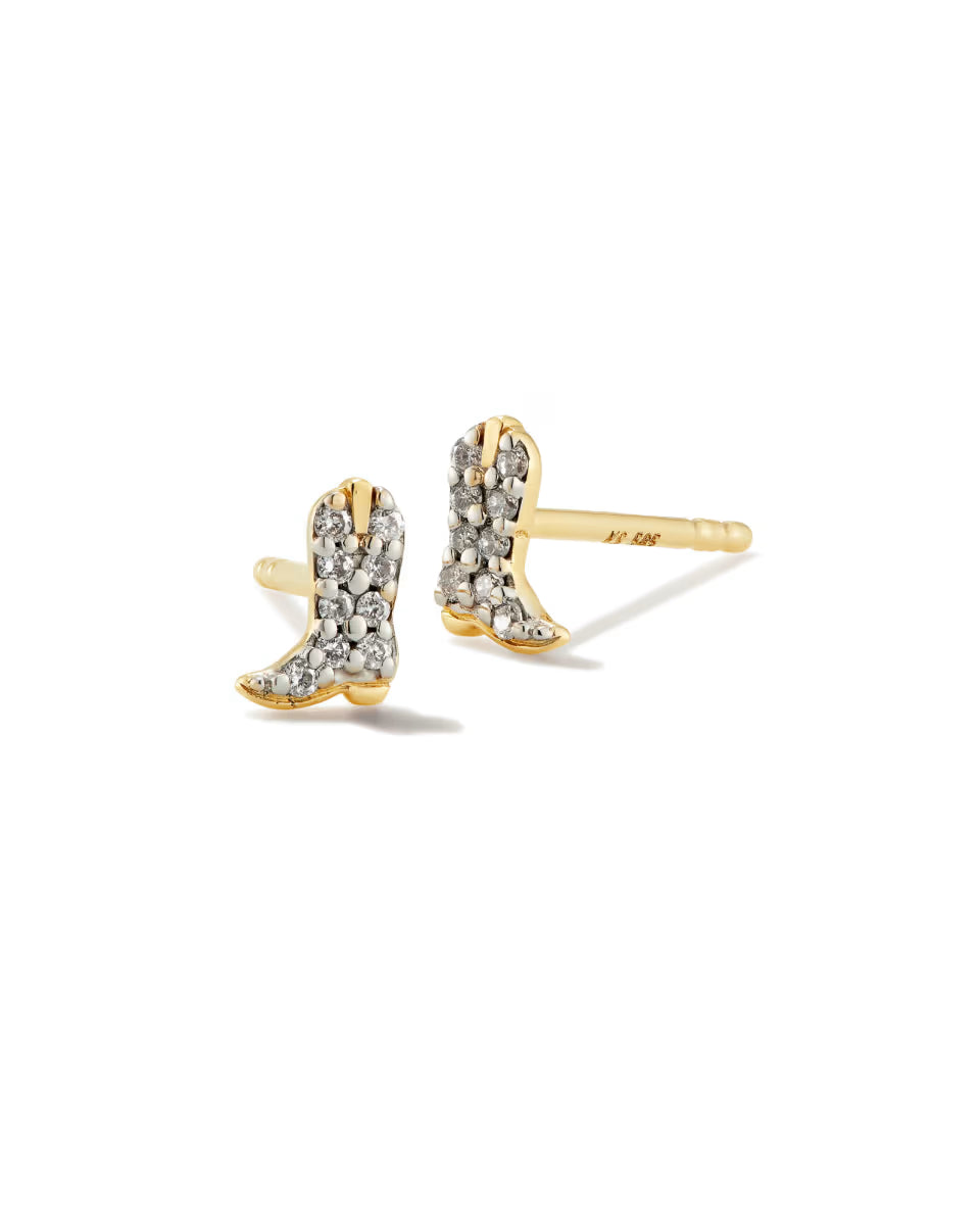 Tiny Cowboy Boot 14k White Gold Stud Earrings in White Diamond