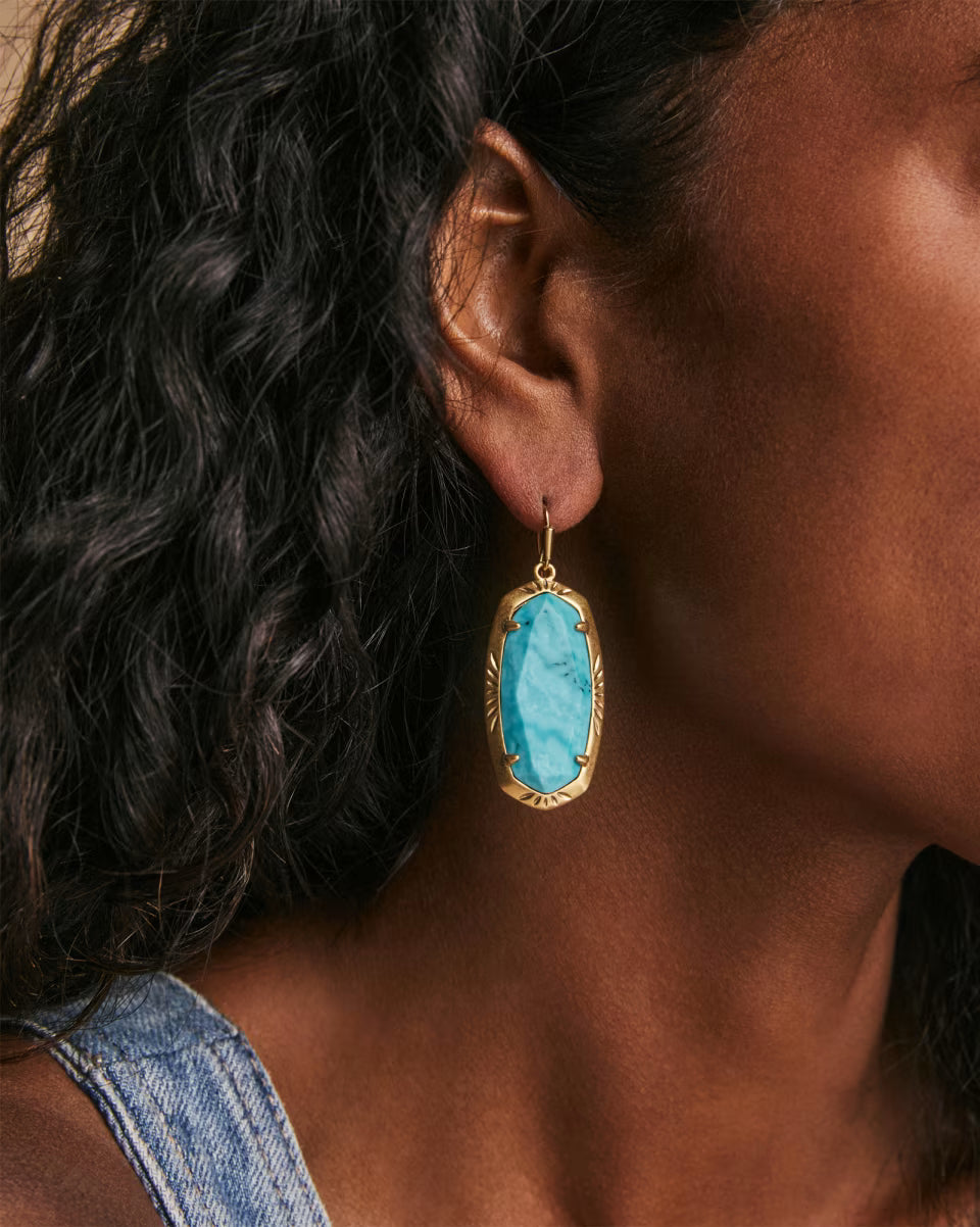 Elle Vintage Gold Etch Frame Drop Earrings in Bronze Veined Turquoise Magnesite Red Oyster