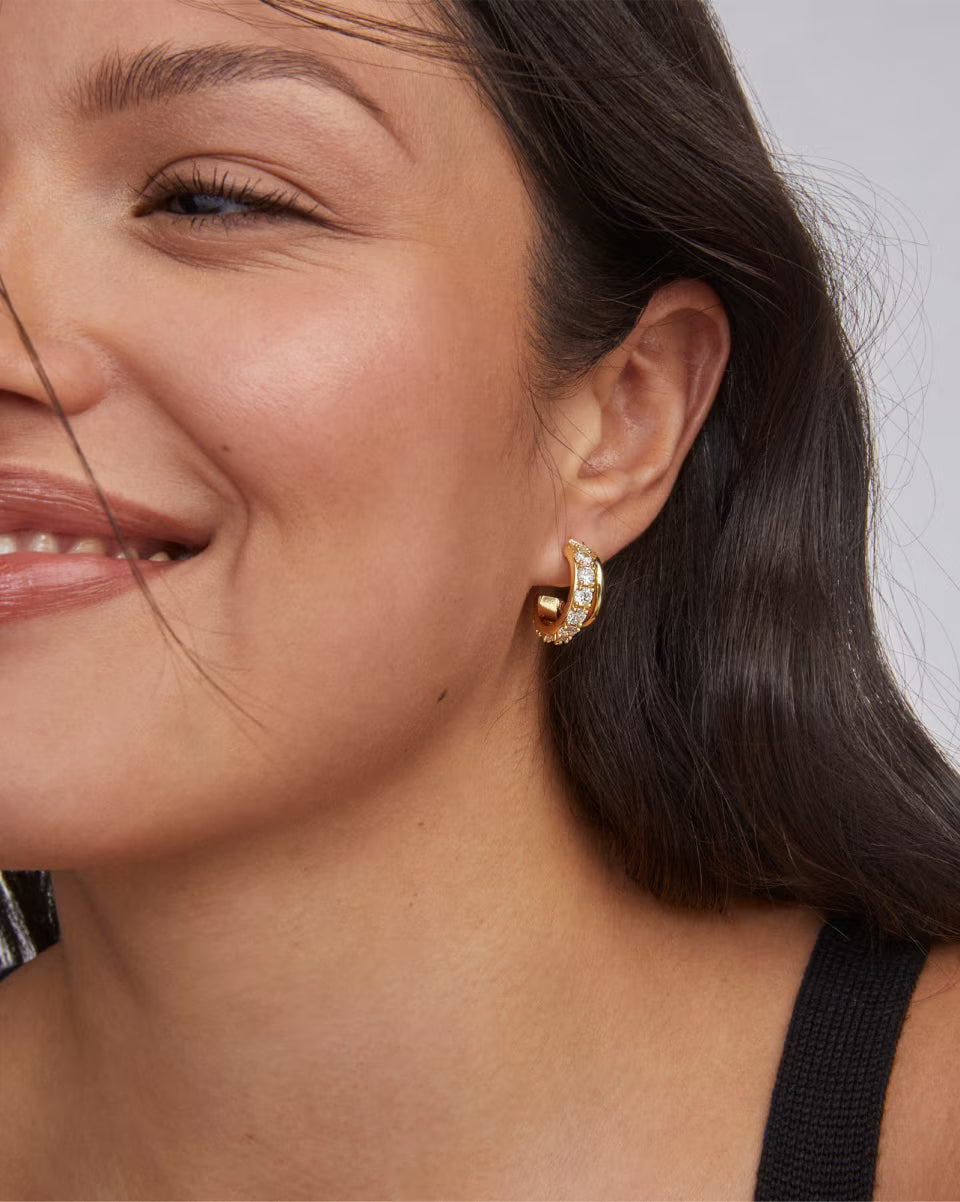 Livy Silver Huggie Earrings in White Crystal