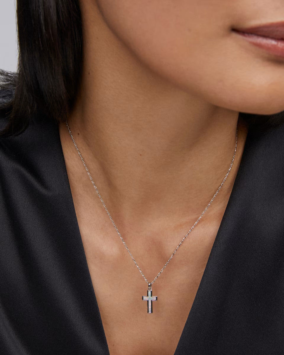 Cross Silver Pendant Necklace in White Lab Grown Opal