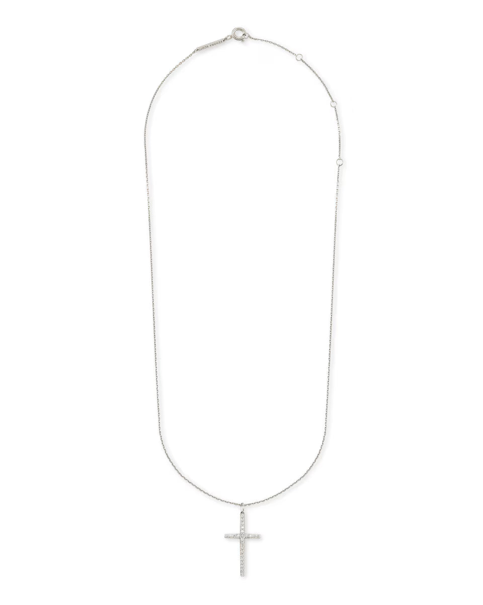 Large Cross 14k White Gold Pendant Necklace in White Diamond