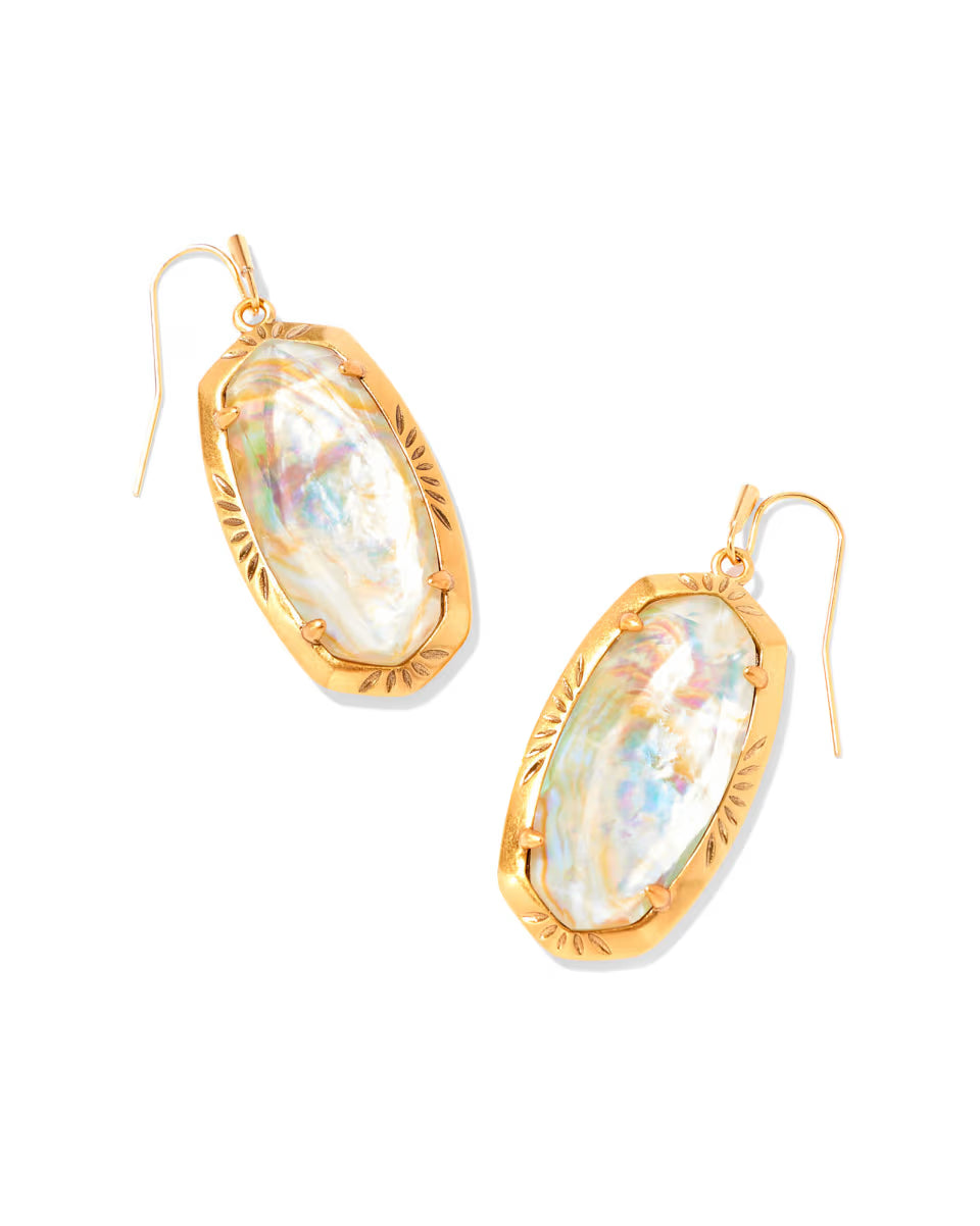 Elle Vintage Gold Etch Frame Drop Earrings in Bronze Veined Turquoise Magnesite Red Oyster