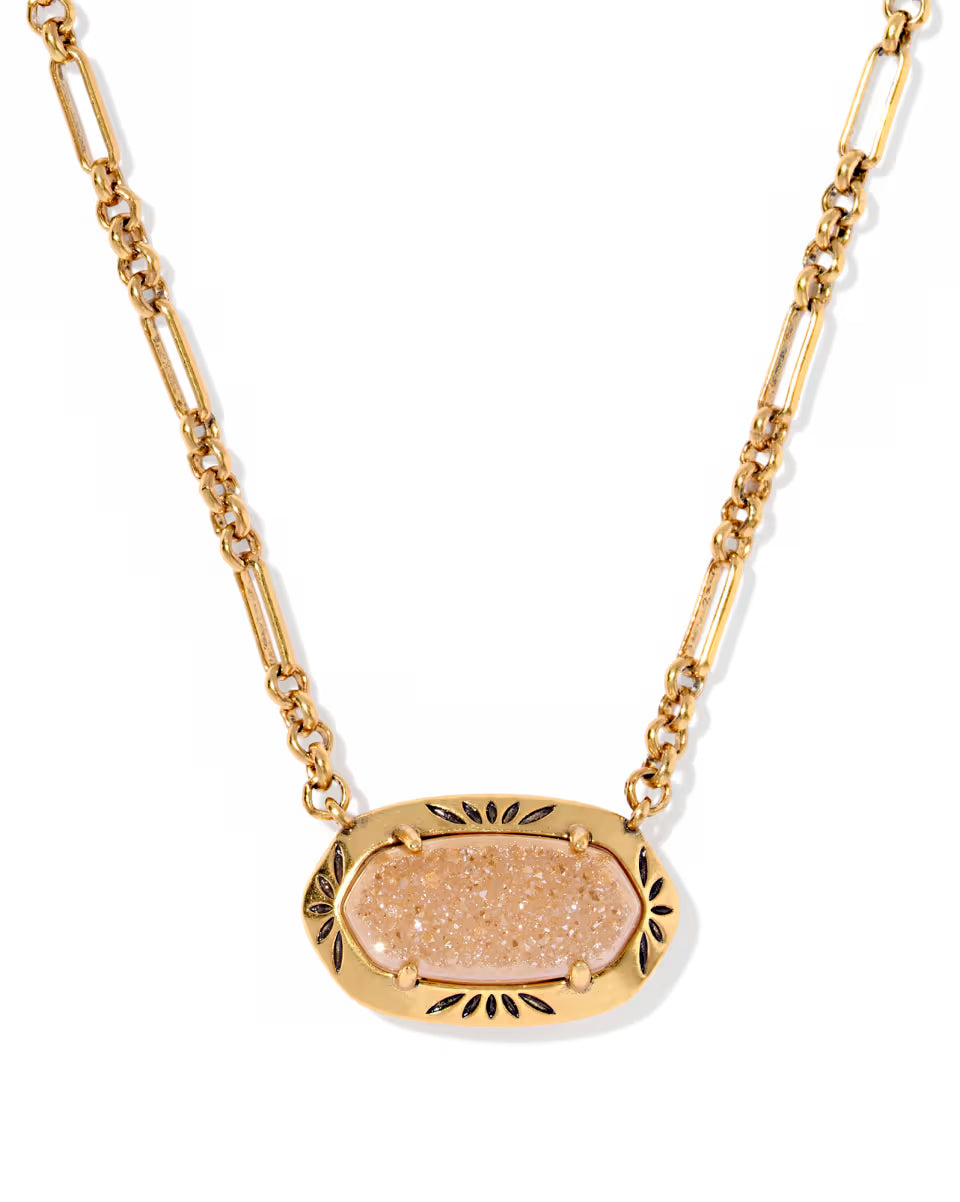 Elisa Vintage Gold Etch Frame Short Pendant Necklace in Variegated Turquoise Magnesite