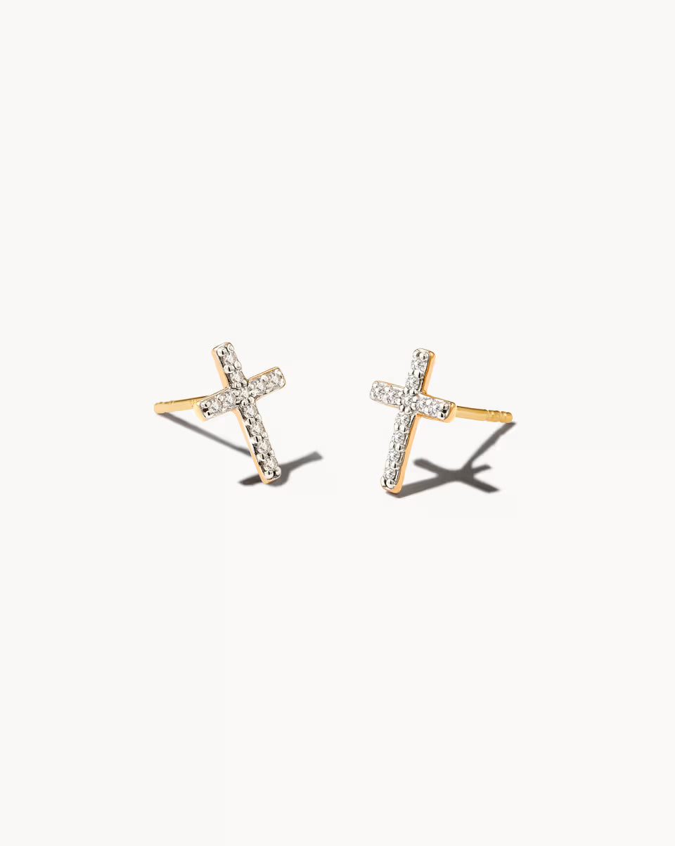 Cross 14k Yellow Gold Medium Stud Earrings in White Diamond