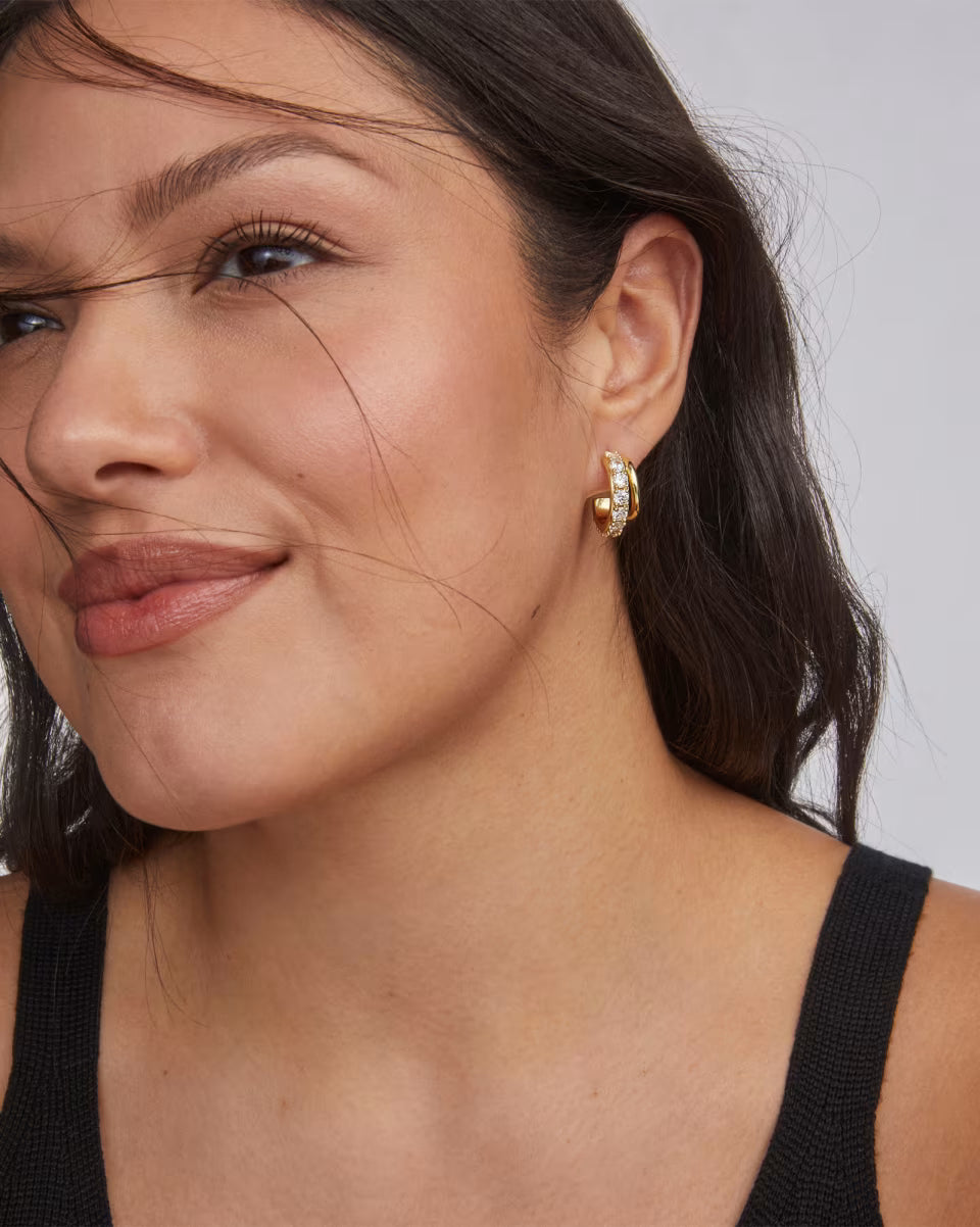 Livy Silver Huggie Earrings in White Crystal