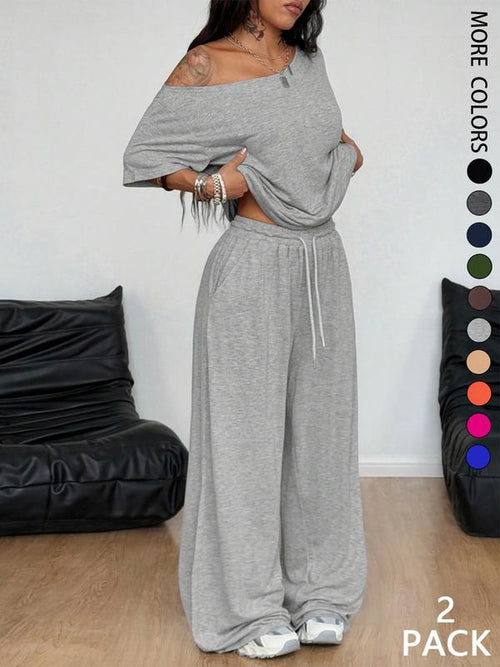2pcs/Set Women's Clothes Minimalist Basic Casual Daily Wear Everyday Going Out Sport Comfortable Loose Baggy Off Shoulder T-Shirt And Wide Leg Pants Two Pieces Outfits