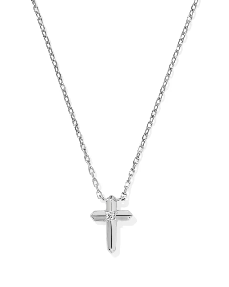 Tiny Cross 14k White Gold Pendant Necklace in White Diamond
