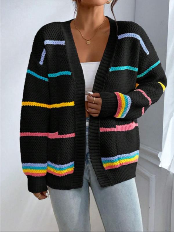 Women's Striped Open-Front Loose Colorblock Knit Cardigan, Casual Drop-Shoulder Long-Sleeve Pocket Knitwear Fit for Fall and Winter Daily Wear
