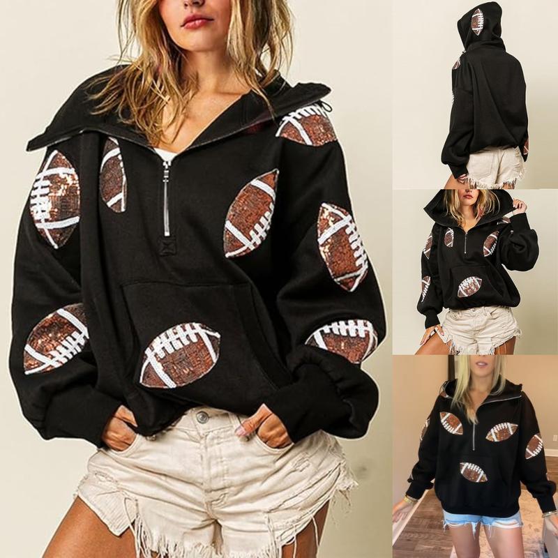 Ommig Women's Oversized Game Day Hoodie Casual Long‑Sleeve Half‑Zip Pullover with Sequin Football Print Kangaroo Pocket