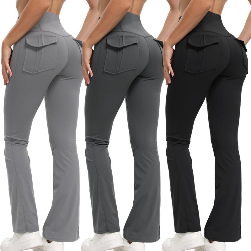 3PCS Women’s Flared Leggings with Pockets – Butt-Lifting Yoga & Workout Pants, Stretchy Activewear, Grey Streetwear Fitness Pants