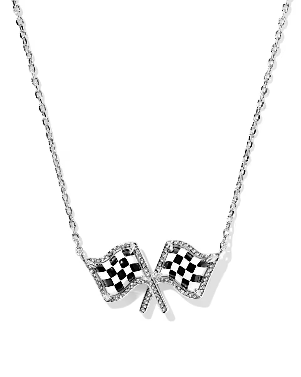 Checkered Flag Silver Short Pendant Necklace