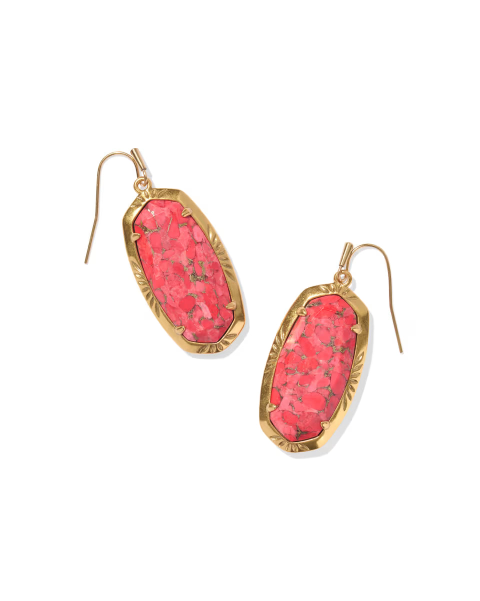 Elle Vintage Gold Etch Frame Drop Earrings in Bronze Veined Turquoise Magnesite Red Oyster