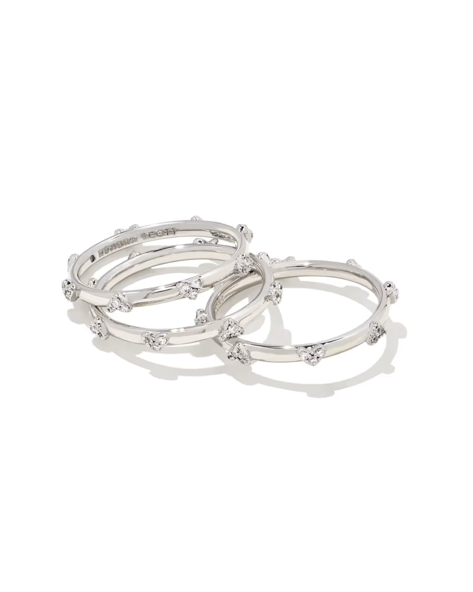 Haven Silver Crystal Heart Rings Set of 3 in White CZ