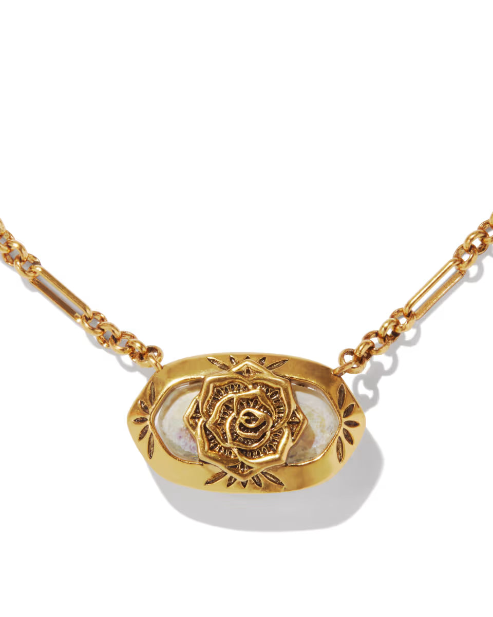 Elisa Vintage Gold Etch Frame Short Pendant Necklace in Variegated Turquoise Magnesite