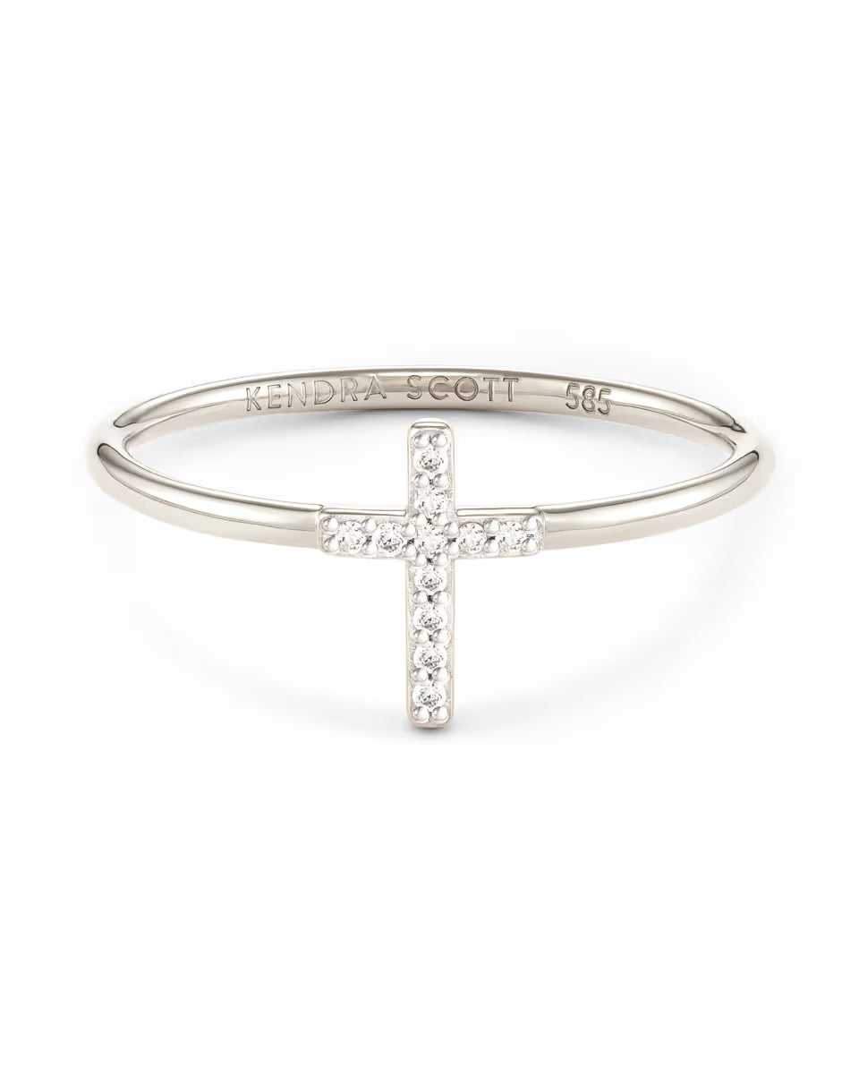 Cross 14k Yellow Gold Band Ring in White Diamond