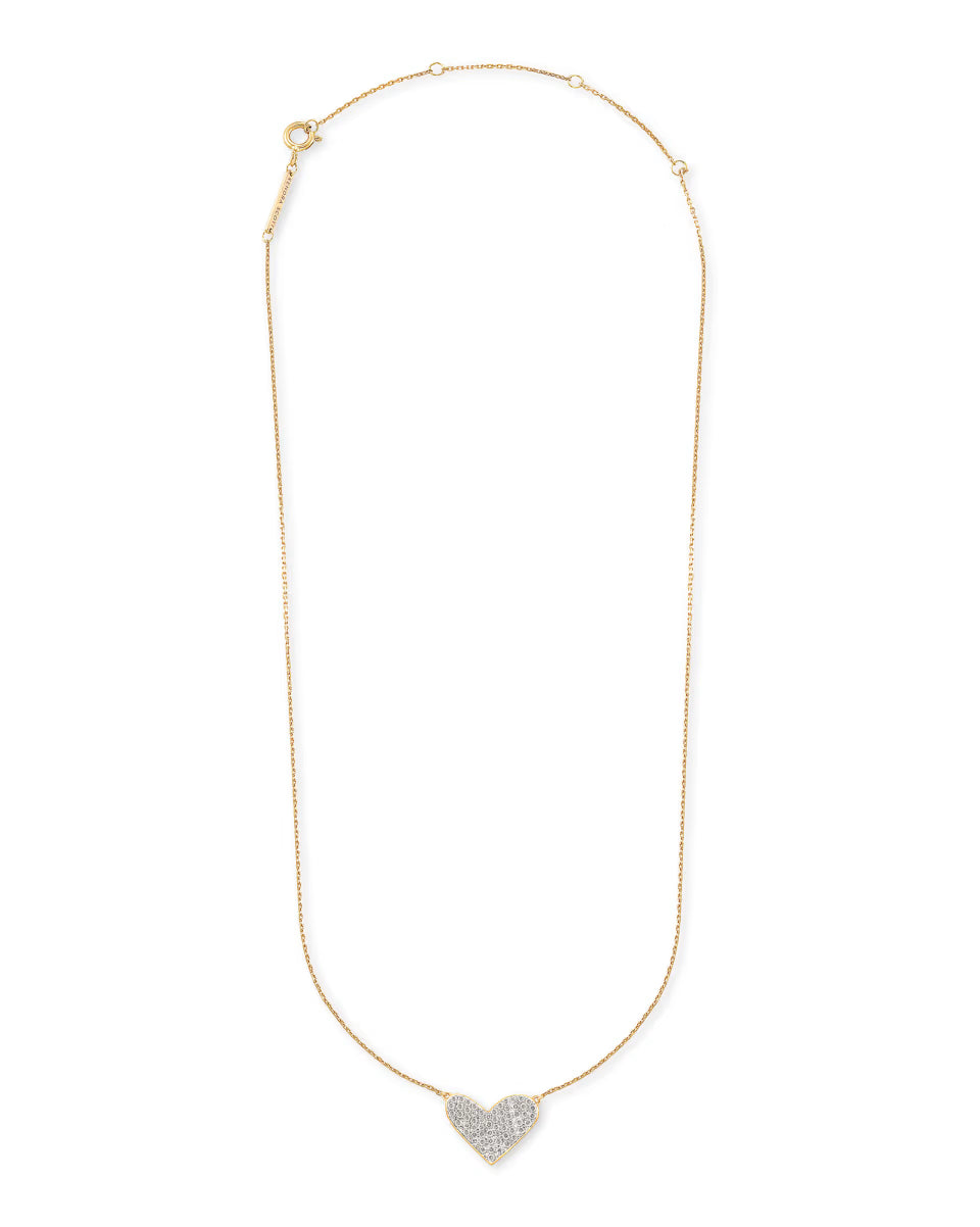Large Heart 14k Yellow Gold Pendant Necklace in White Diamond