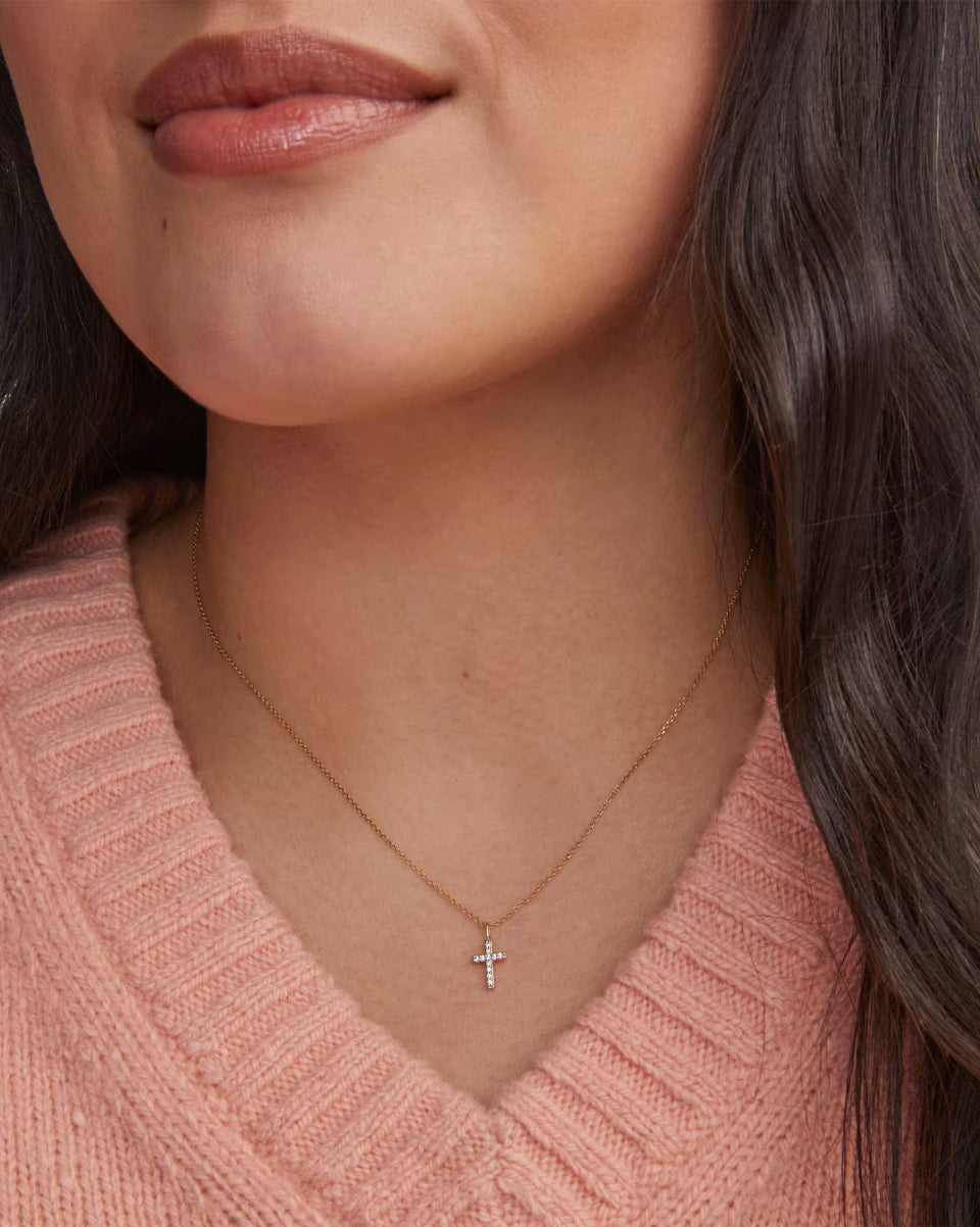 Cross 14k Yellow Gold Pendant Necklace in White Diamonds