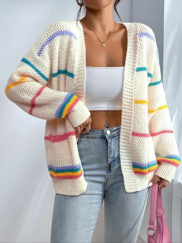 Women's Striped Open-Front Loose Colorblock Knit Cardigan, Casual Drop-Shoulder Long-Sleeve Pocket Knitwear Fit for Fall and Winter Daily Wear
