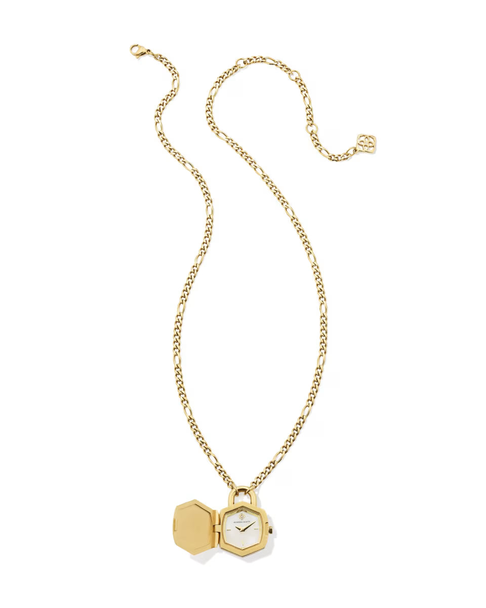 Davie Gold Diamond Locket Watch Pendant Necklace