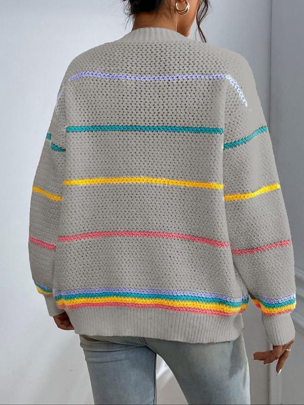 Women's Striped Open-Front Loose Colorblock Knit Cardigan, Casual Drop-Shoulder Long-Sleeve Pocket Knitwear Fit for Fall and Winter Daily Wear