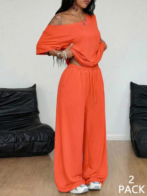 2pcs/Set Women's Clothes Minimalist Basic Casual Daily Wear Everyday Going Out Sport Comfortable Loose Baggy Off Shoulder T-Shirt And Wide Leg Pants Two Pieces Outfits