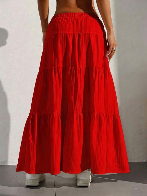 Women's Plain Color Decorative Tie Waist Ruffle Hem Half Skirt, Long Loose-Fitting Cake Skirt, Sweet Style, Unlined, Batch Number 18002
