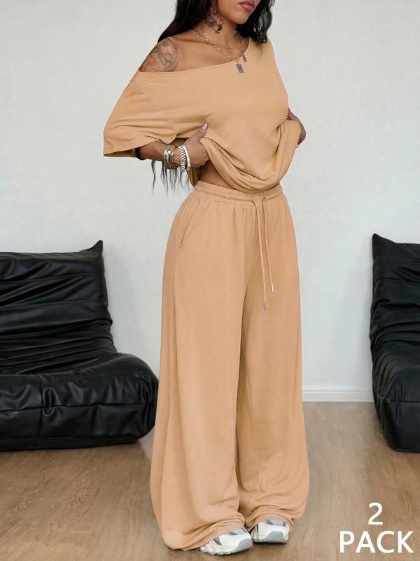 2pcs/Set Women's Clothes Minimalist Basic Casual Daily Wear Everyday Going Out Sport Comfortable Loose Baggy Off Shoulder T-Shirt And Wide Leg Pants Two Pieces Outfits